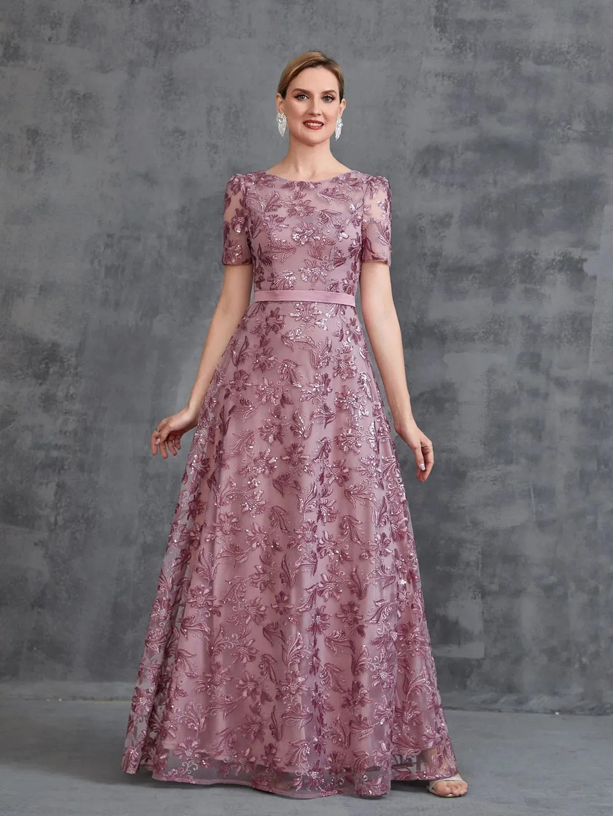 Short-Sleeve A-Line Sequin Maxi Mother-of-the-Bride Dress in Mauve