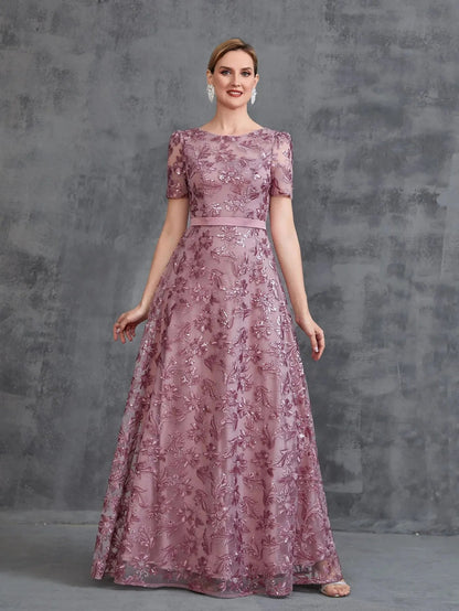 Short-Sleeve A-Line Sequin Maxi Mother-of-the-Bride Dress in Mauve