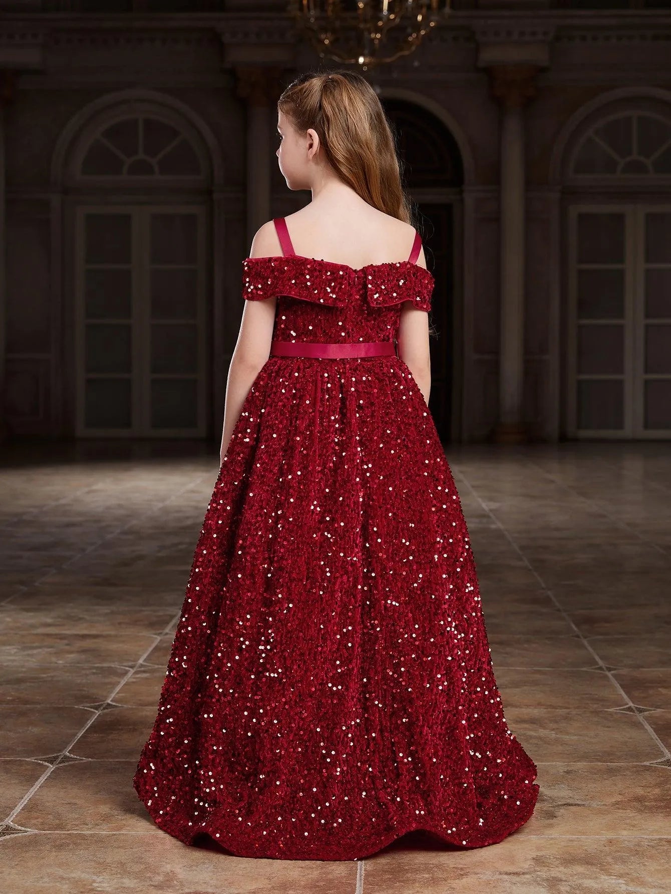 Additional product view of High-Low Hem Off-Shoulder Sequin A-Line Short-Sleeve Tween Girls' Party Dress