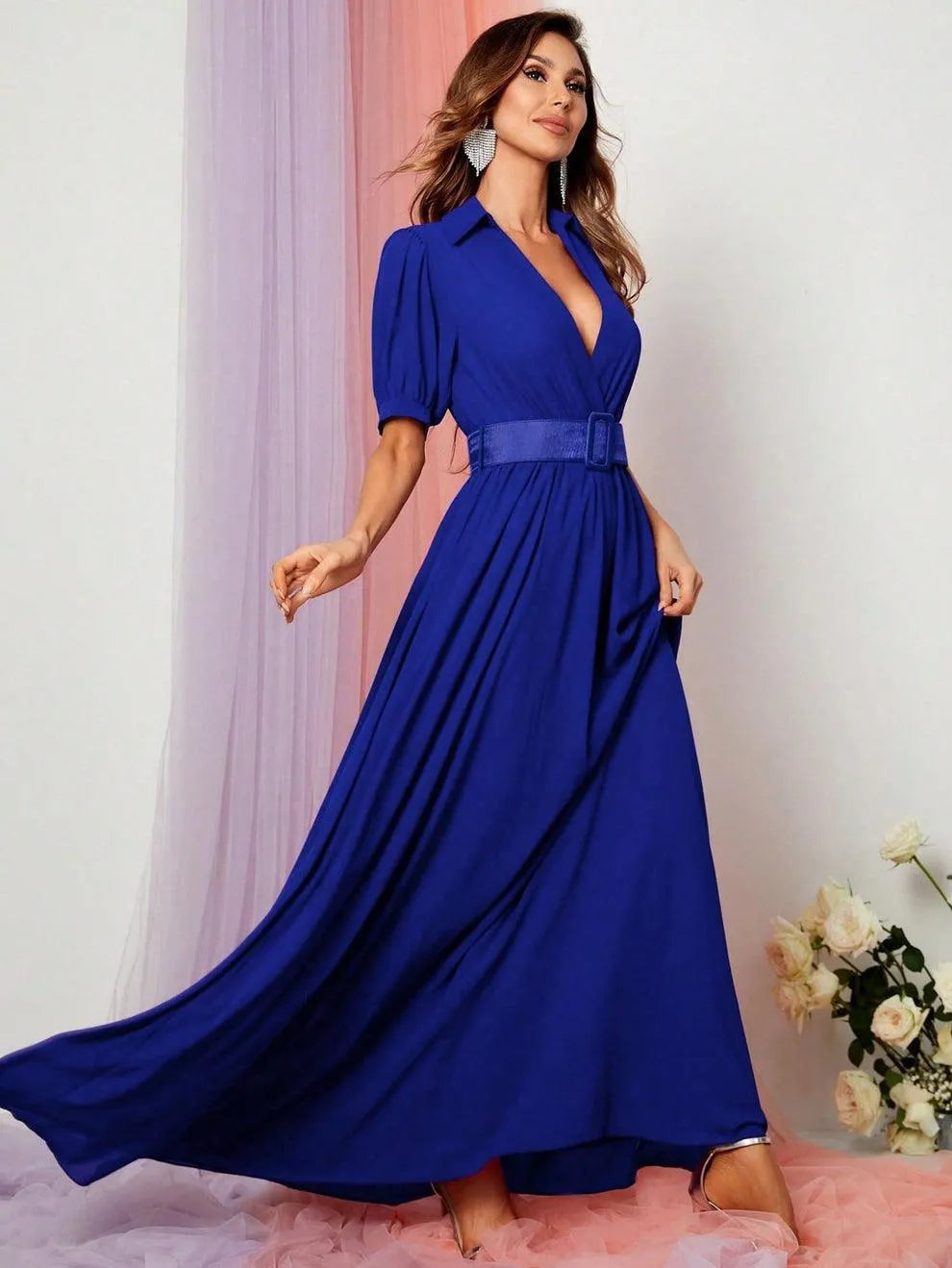 Additional product view of Deep V-Neck Puff-Sleeve Chiffon A-Line Maxi Evening Gown