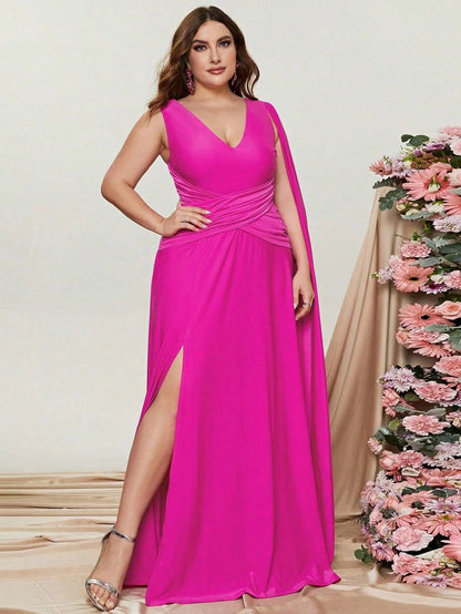 Plus Ruched Draped Side Split Party Dress Bridesmaids Dress