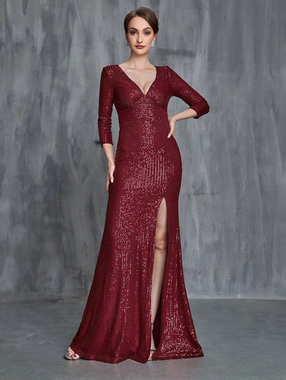 Women's Plunging Neck Split Sequin Formal Dress