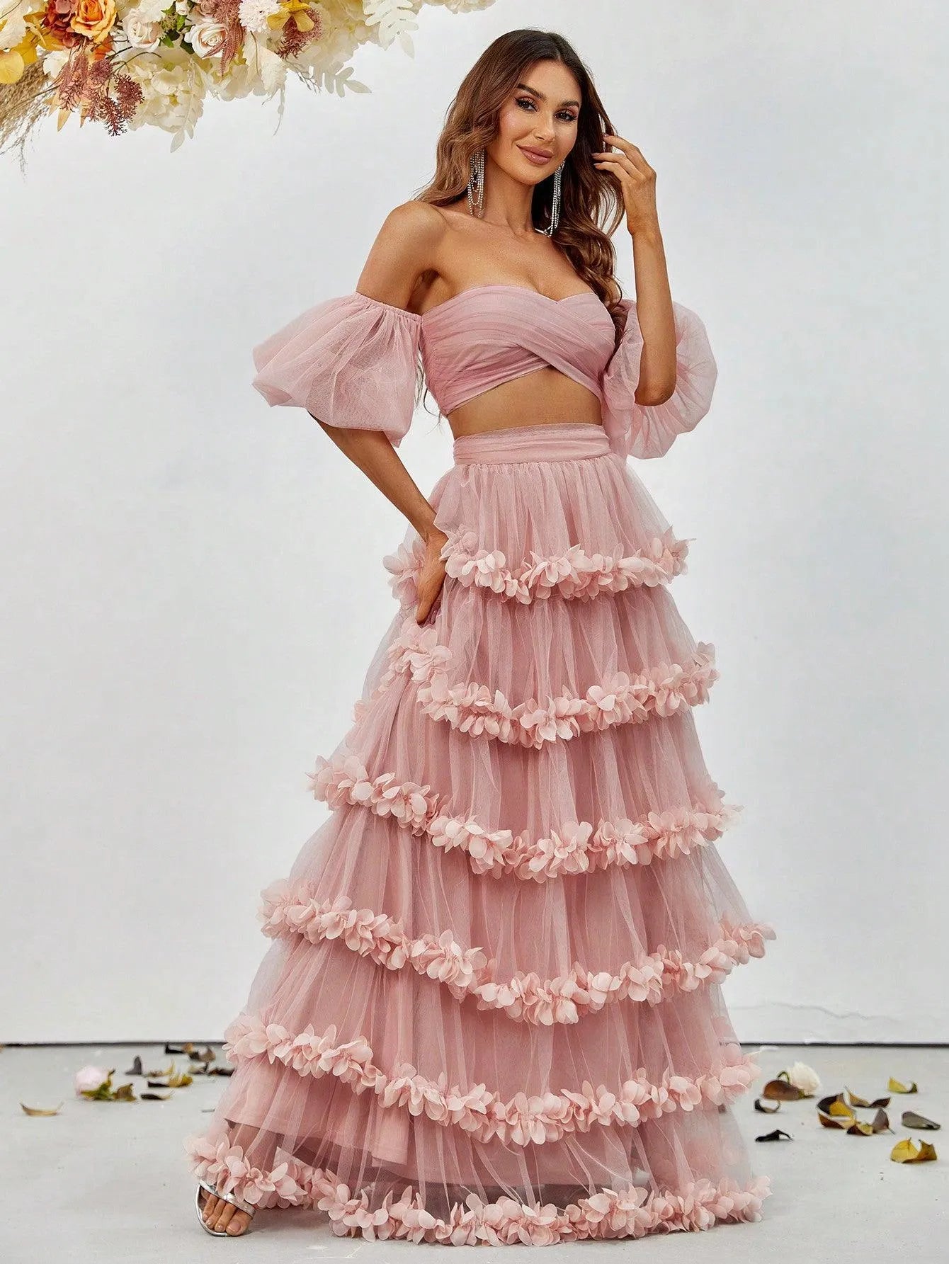Off-Shoulder Puff Sleeve Crop Top & Frill Trim Mesh Skirt – view 5