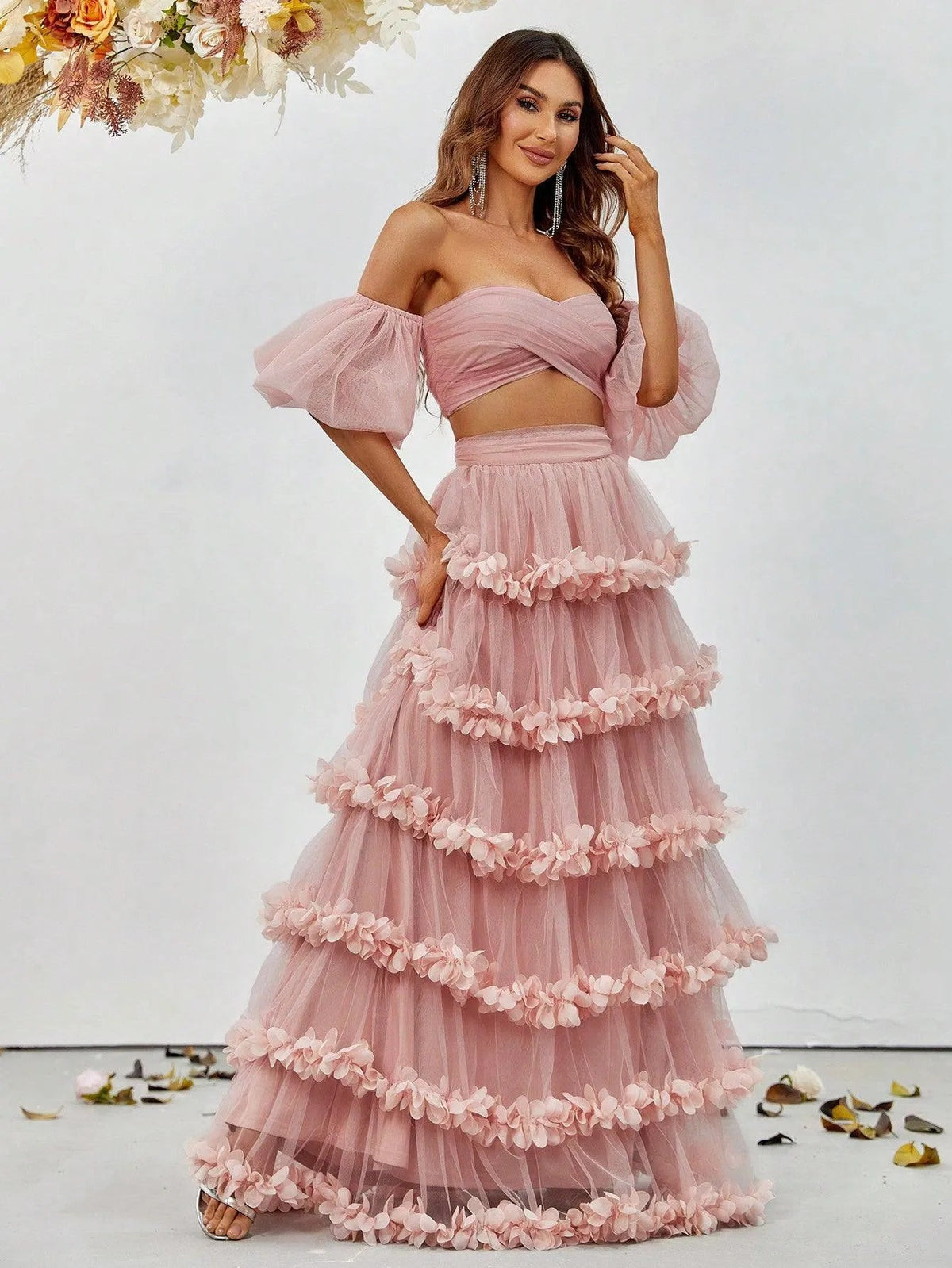 Off-Shoulder Puff Sleeve Crop Top & Frill Trim Mesh Skirt – view 5