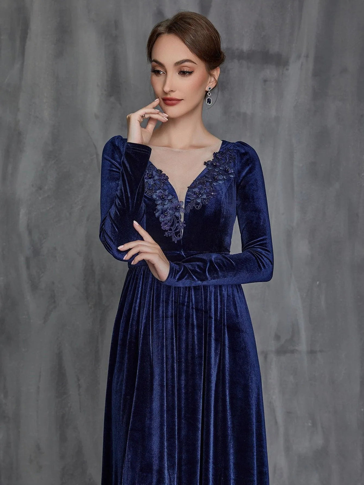 Additional product view of High-Slit Velvet Sweetheart-Neck Long-Sleeve A-Line Mother-of-the-Bride Dress