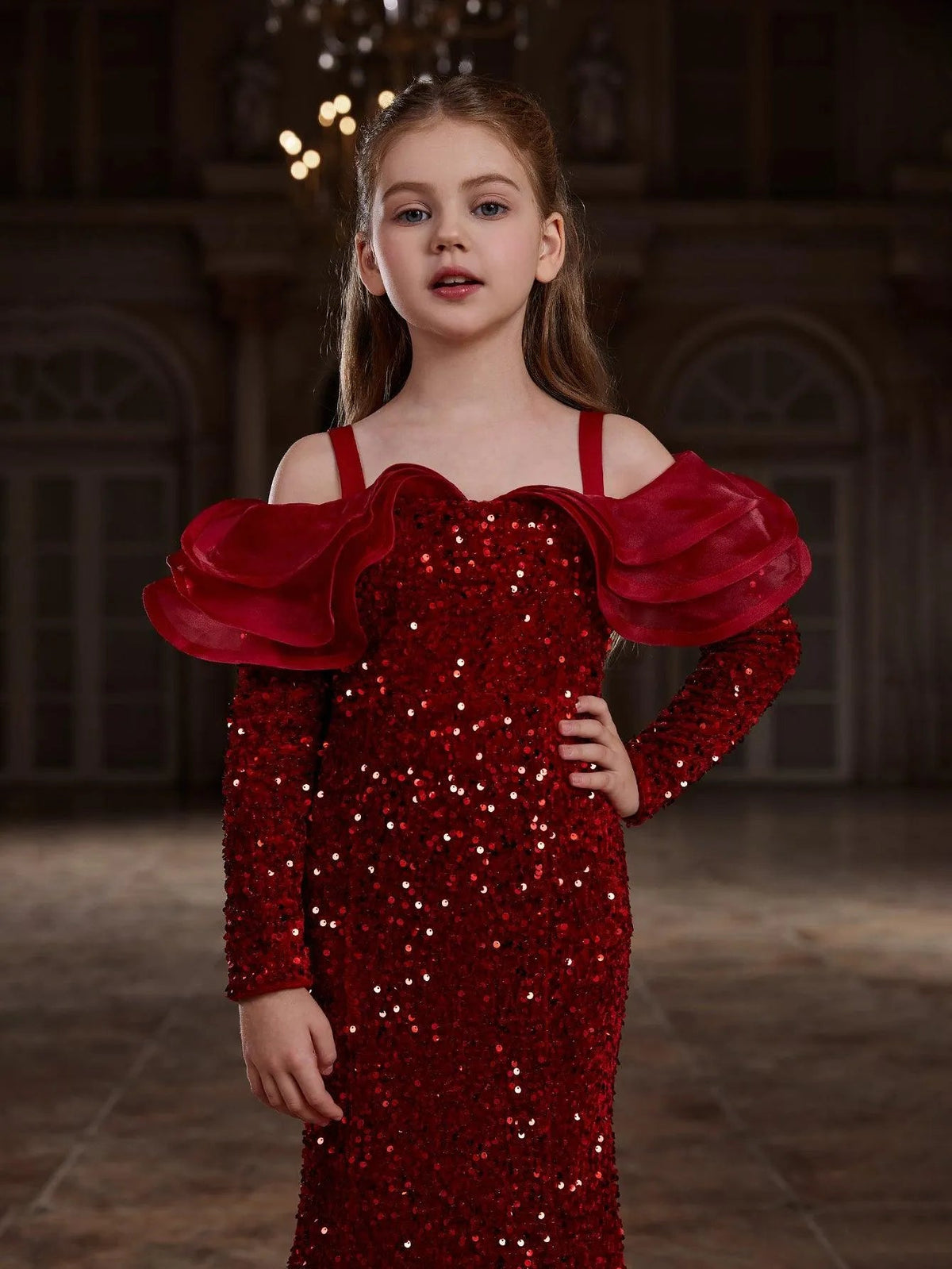 Additional product view of Ruffle Trim Off-Shoulder Sequin Mermaid Long-Sleeve Tween Girls' Party Dress