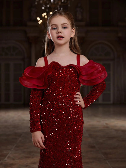 Additional product view of Ruffle Trim Off-Shoulder Sequin Mermaid Long-Sleeve Tween Girls' Party Dress