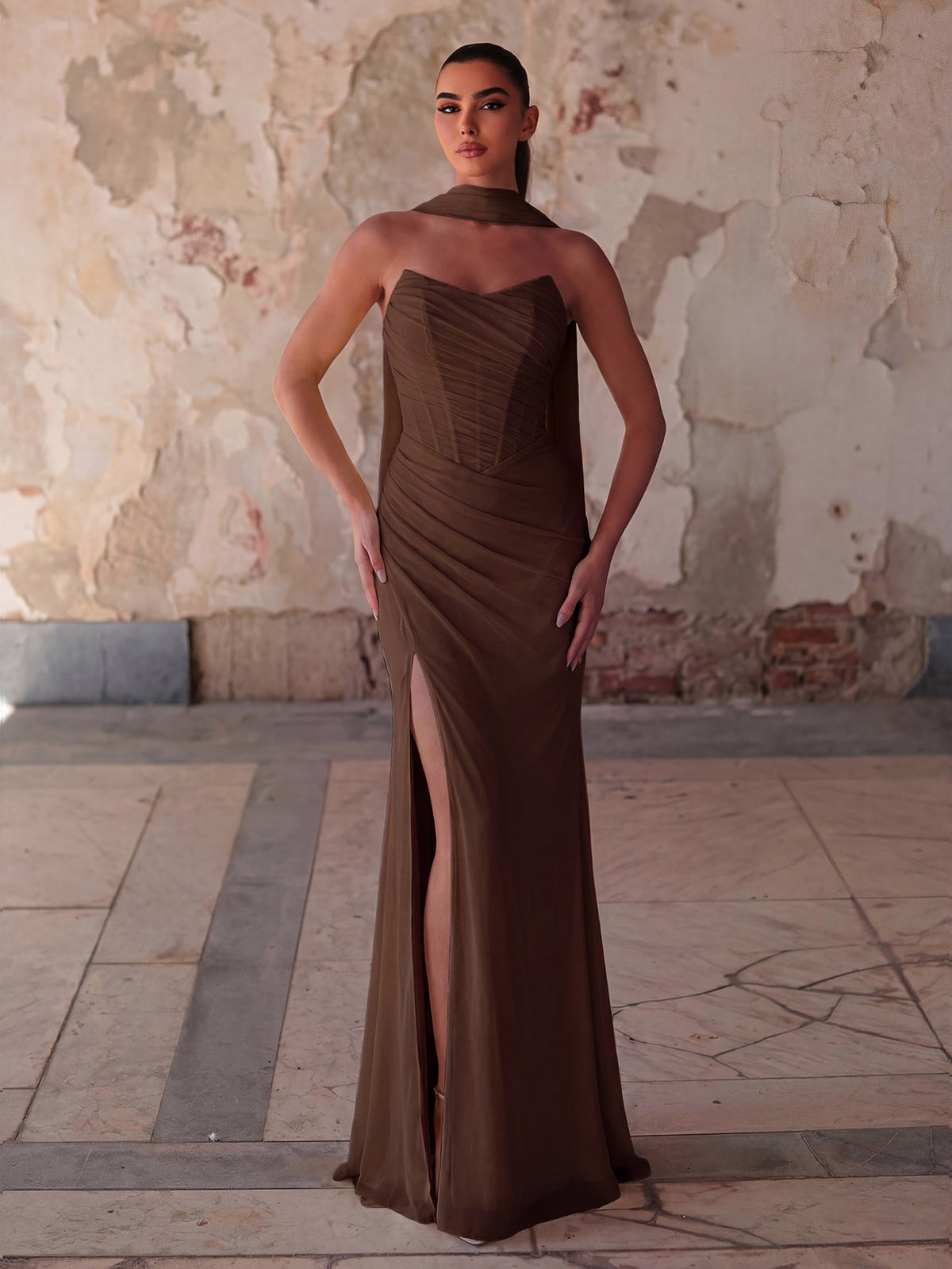 Alternate view of Lace-Up Back Strapless High-Slit Mermaid Sleeveless Evening Gown in Coffee