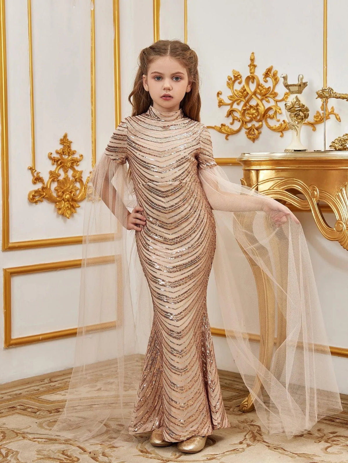 Tween Girls' High Neck Sequin Cape Mermaid Formal Gown — authorized product image 15