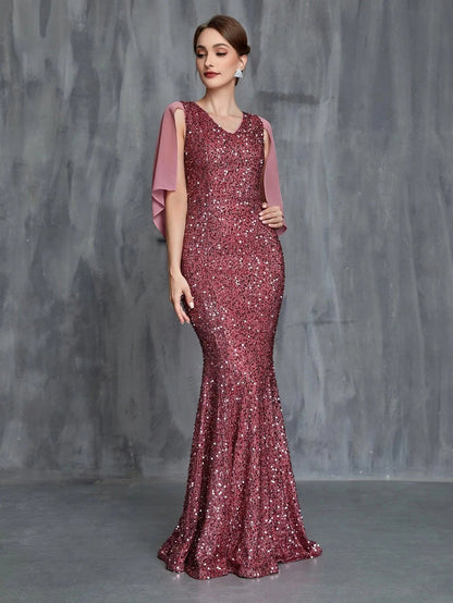Women's Draped Back Mermaid Hem Sequin Formal Dress – view 3