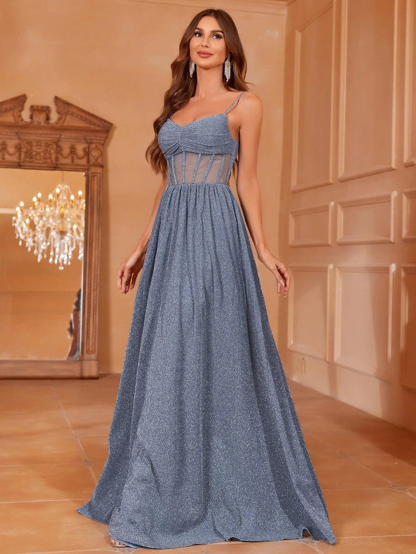 Additional product view of Cami Strap A-Line Sleeveless Maxi Evening Gown