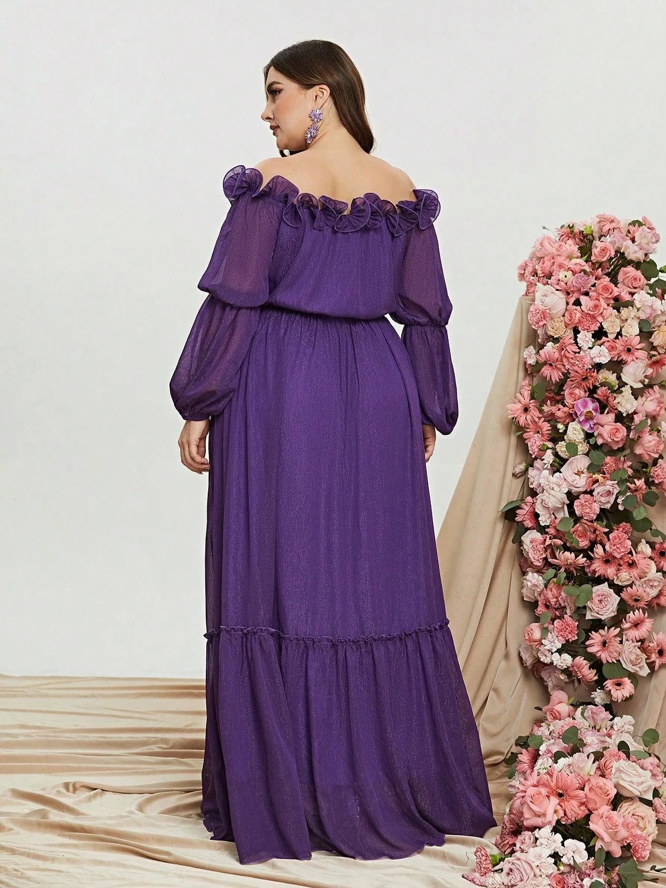 Plus Off Shoulder Ruffle Trim Chiffon Dress
