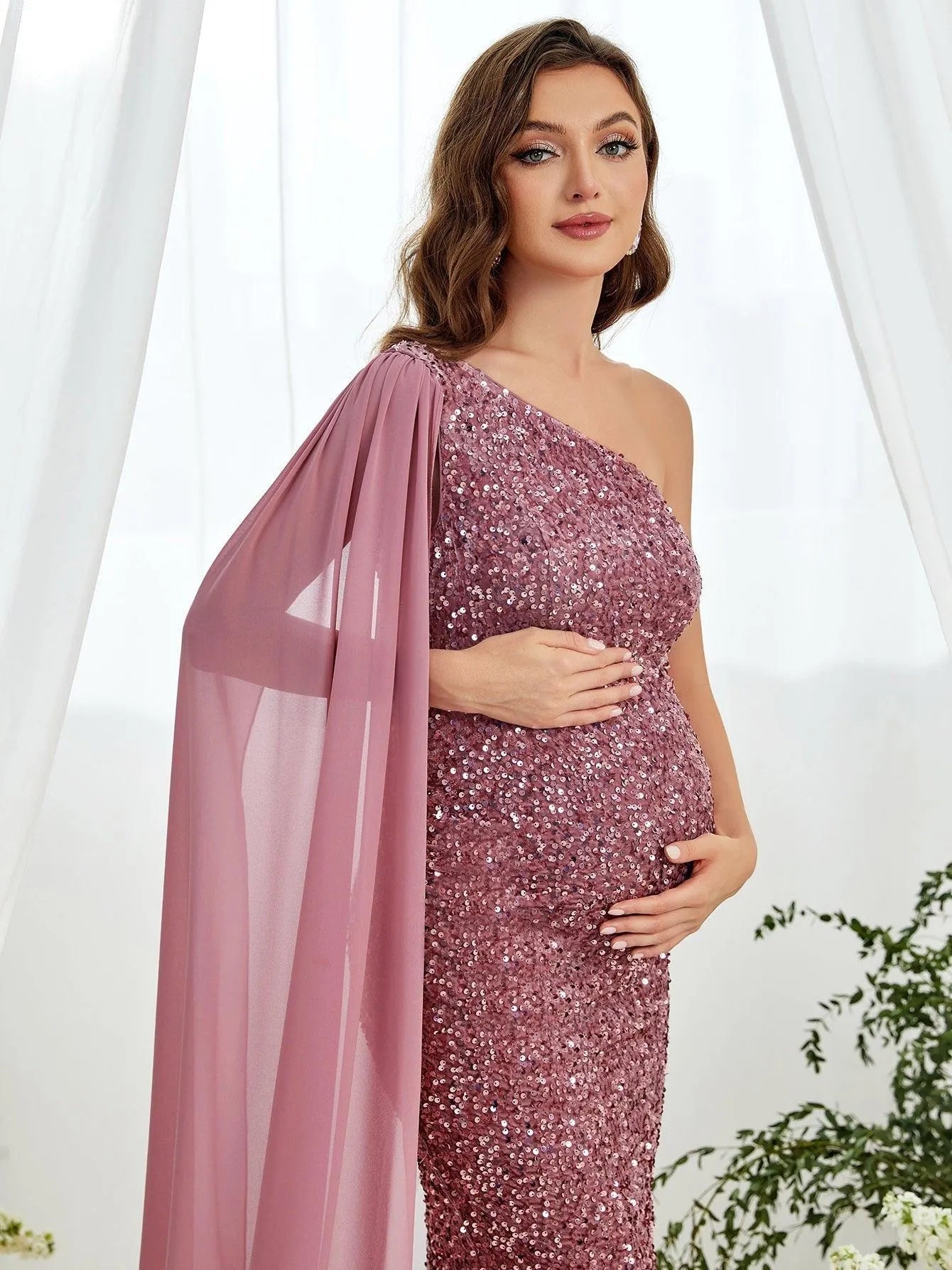 Maternity One-Shoulder Sequin Sleeveless Mermaid Evening Gown — authorized product image 5