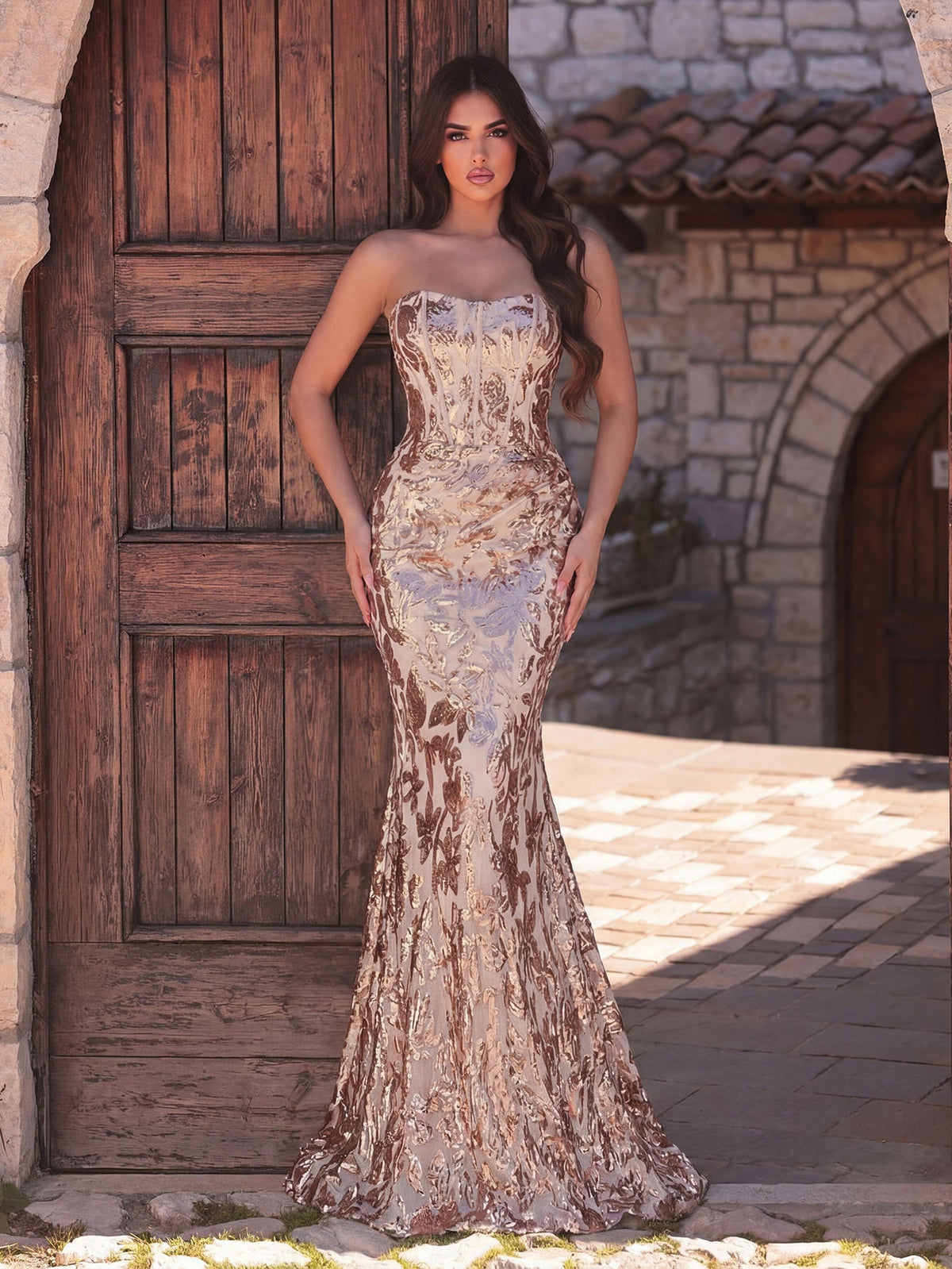 Elegant Strapless Mermaid Hem Floral Sequin Formal Evening Dress
