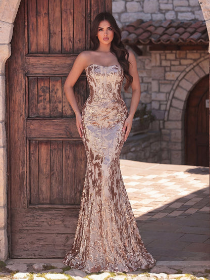 Elegant Strapless Mermaid Hem Floral Sequin Formal Evening Dress