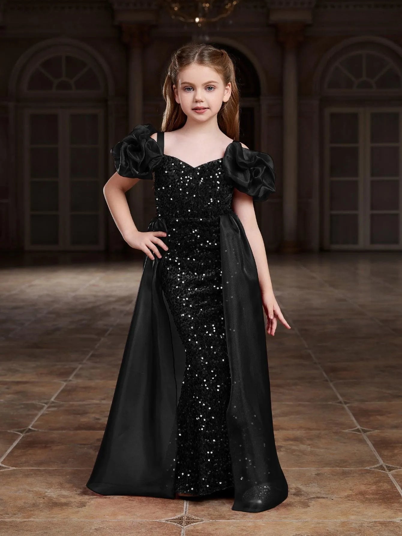 Additional product view of Mesh Overlay Sweetheart-Neck Sequin Mermaid Short-Sleeve Tween Girls' Party Dress