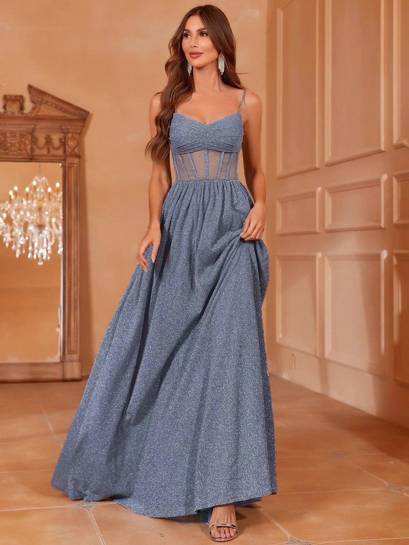 Additional product view of Cami Strap A-Line Sleeveless Maxi Evening Gown