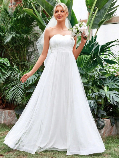 Ruched Waist Mesh Tube Wedding Dress — authorized product image 1