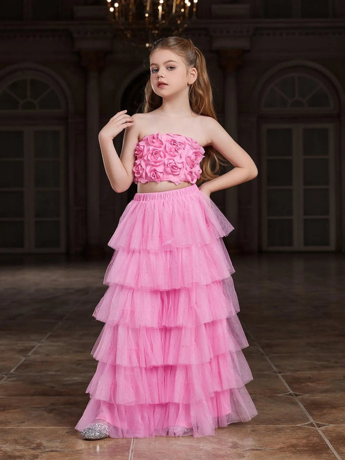 Additional product view of Strapless Mesh 3D-Flower A-Line Sleeveless Girls' Two-Piece Formal Set