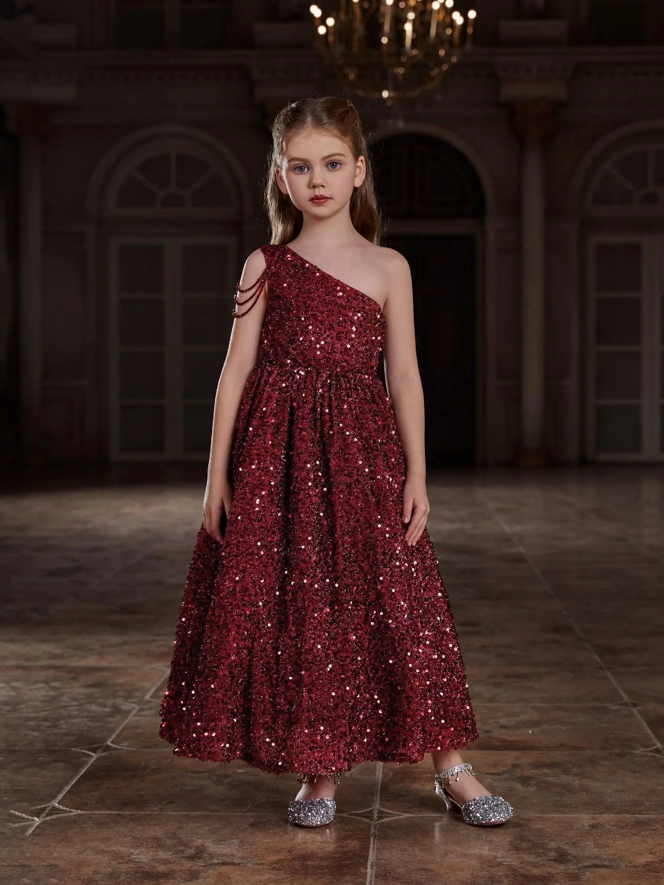 Tween Girls' One-Shoulder Chain Detail Sequin Party Dress — authorized product image 1