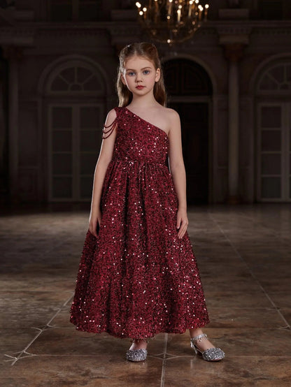 Tween Girls' One-Shoulder Chain Detail Sequin Party Dress — authorized product image 1