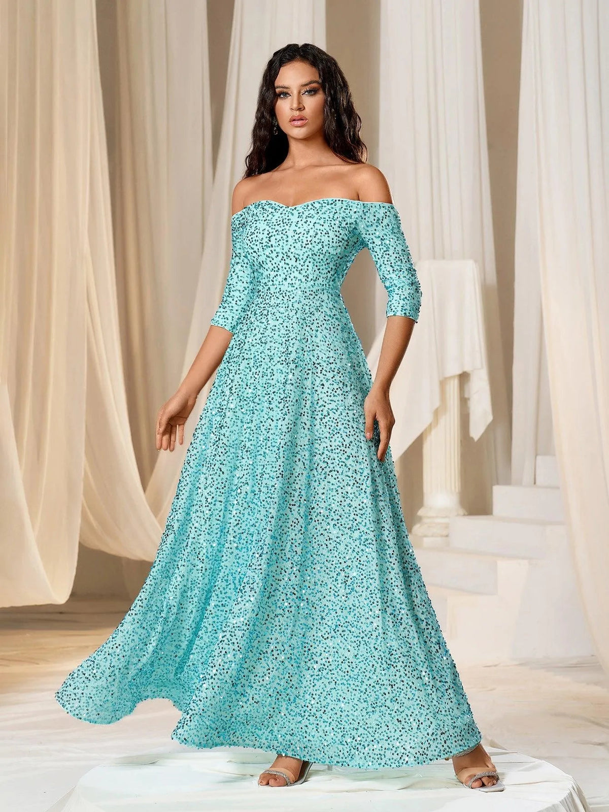 Off Shoulder 3/4 Sleeve Sequin A Line Dress