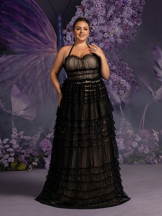 Plus Gorgeous Halter Neck Lace-up Back Cascading Ruffle Hem Tulle Wedding Dress