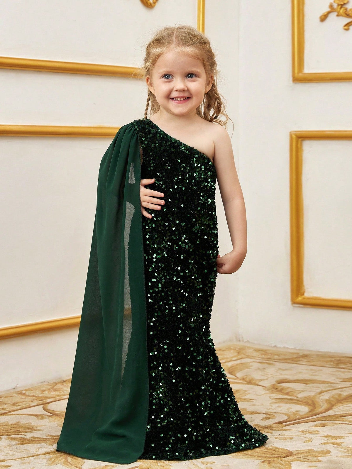 Additional product view of Draped Side One-Shoulder Sequin Mermaid Sleeveless Young Girls' Party Dress
