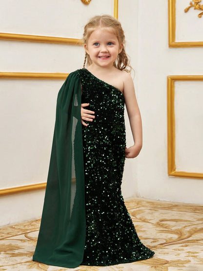 Additional product view of Draped Side One-Shoulder Sequin Mermaid Sleeveless Young Girls' Party Dress