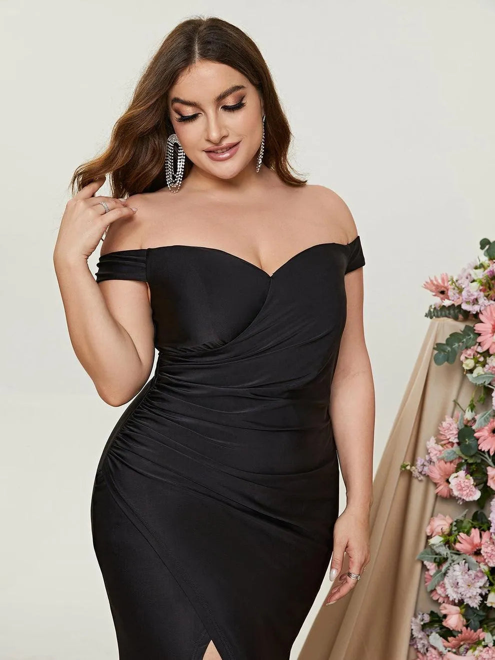 Additional product view of Ruched Wrap Plus-Size Off-Shoulder Knit High-Slit Evening Gown