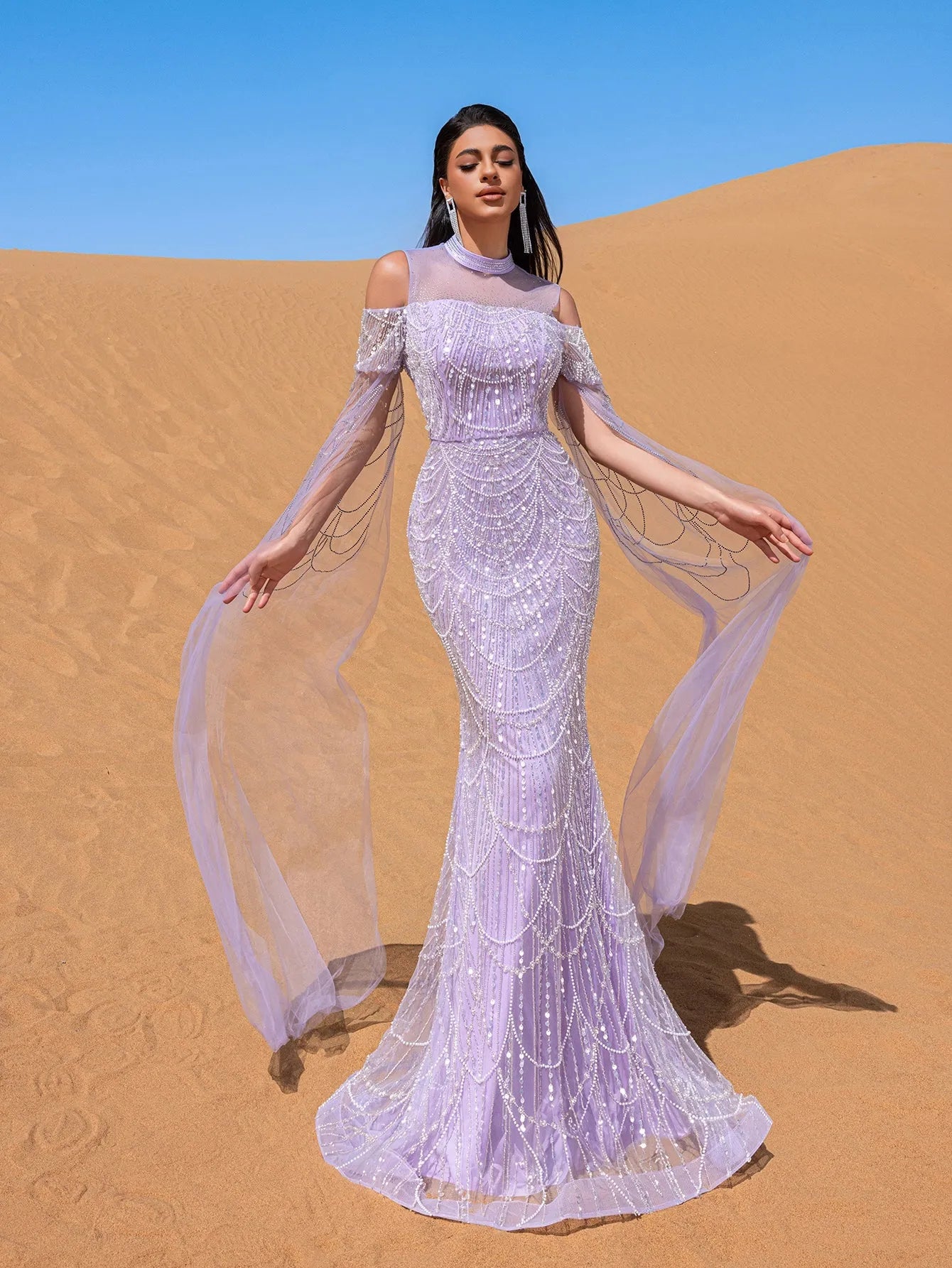 Luxury Gorgeous Rhinestone Detail Cape Sleeves Mermaid Hem Beaded Seuqin Evening Dress – view 3
