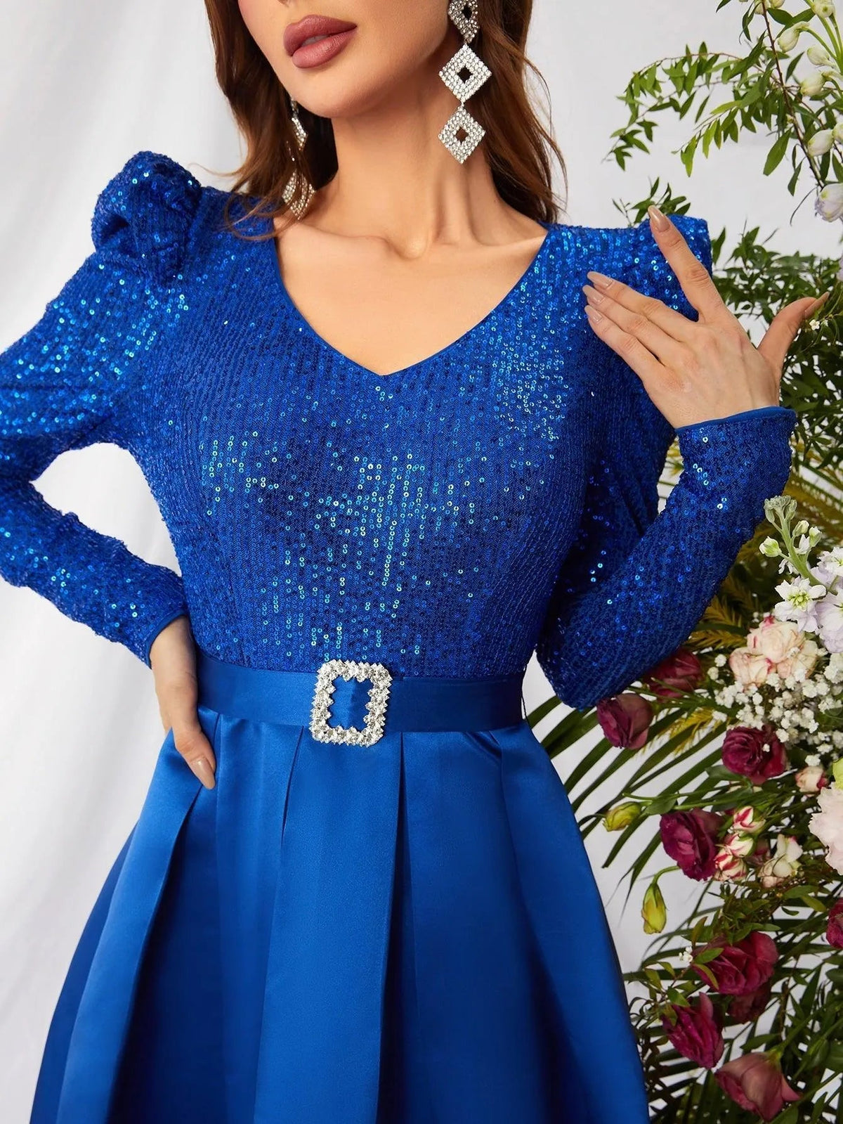 Elegant V Neck Gigot Sleeve Slit A Line Prom Dress