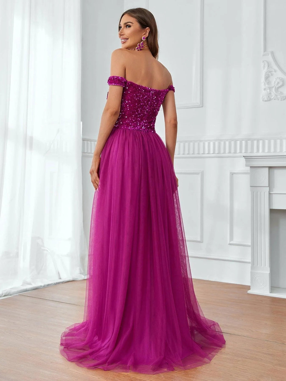 Additional product view of Contrast Mesh Sequin Bodice Off-Shoulder A-Line Short-Sleeve Evening Gown