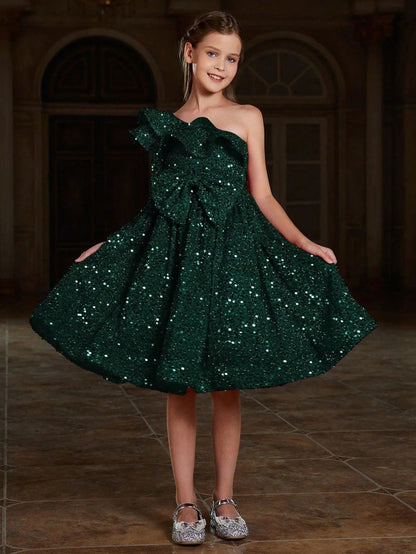 Additional product view of Ruffle Trim One-Shoulder Sequin A-Line Midi Tween Girls' Party Dress