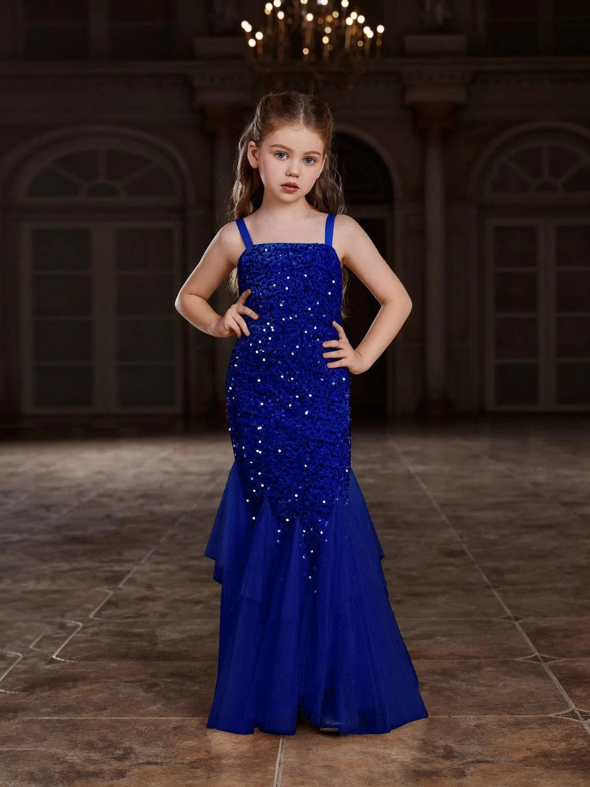 Mesh Overlay Sequin Mermaid Sleeveless Maxi Tween Girls' Party Dress in Royal Blue