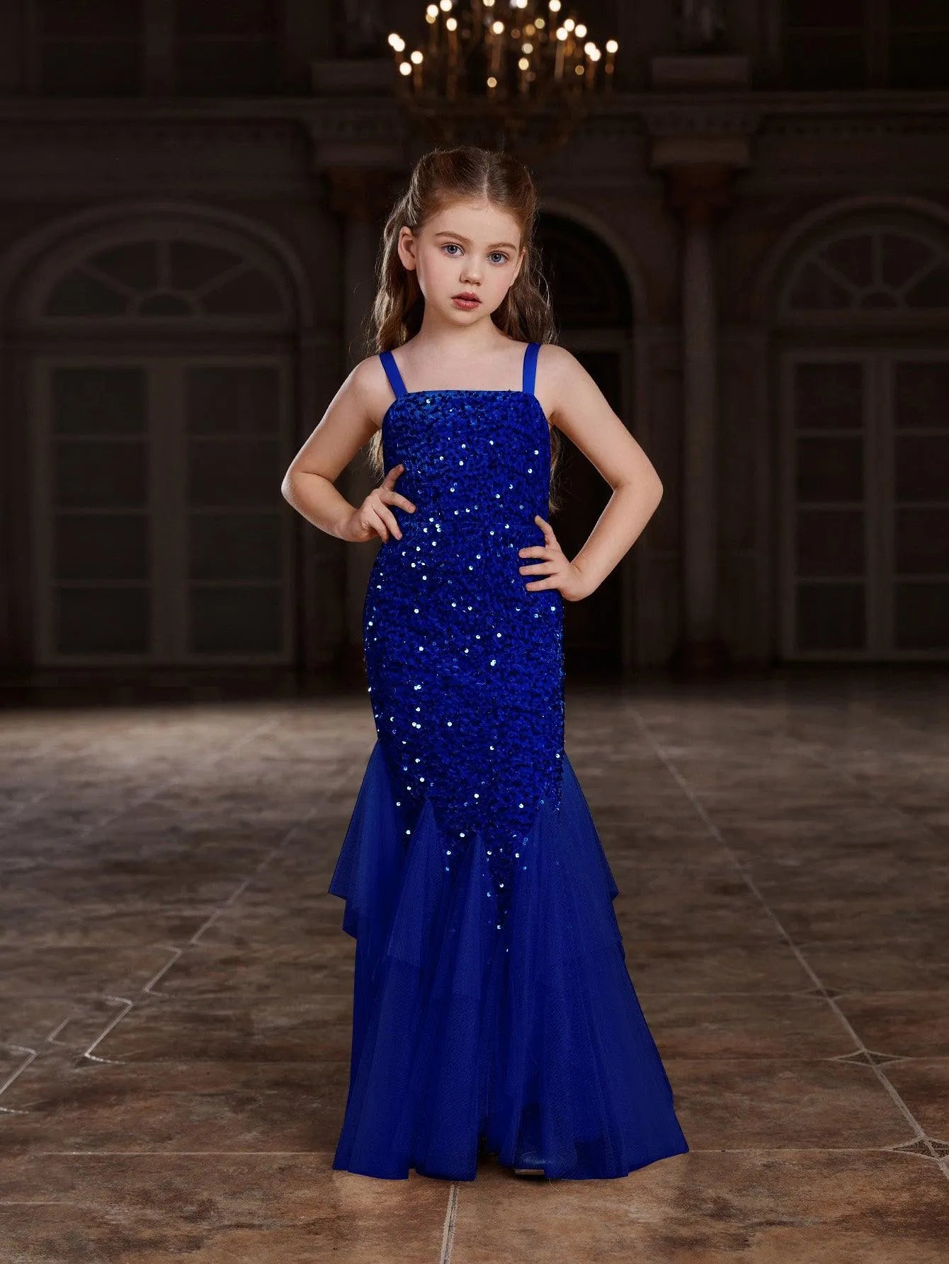 Mesh Overlay Sequin Mermaid Sleeveless Maxi Tween Girls' Party Dress in Royal Blue