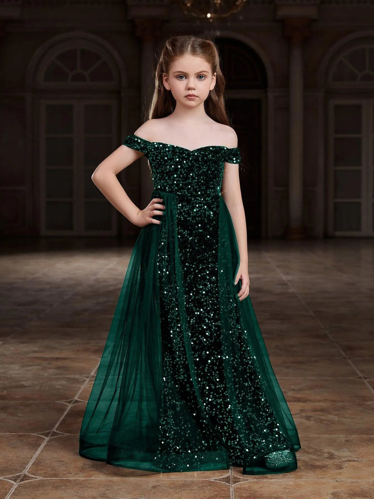 Additional product view of Mesh Overlay Off-Shoulder Sequin Mermaid Short-Sleeve Maxi Tween Girls' Party Dress