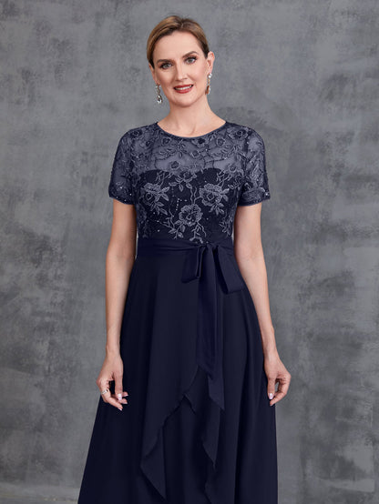 Additional product view of Embroidered Sequin Bodice Asymmetrical Lace Boat-Neck Short-Sleeve Mother-of-the-Bride Dress