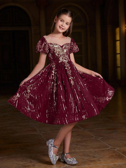 Alternate view of Puff-Sleeve Sequin A-Line Midi Tween Girls' Party Dress in Burgundy
