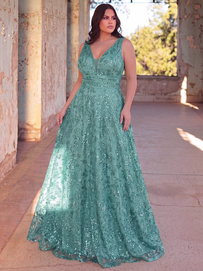 Plus Plunging Meck Backless Floral Sequin Prom Dress