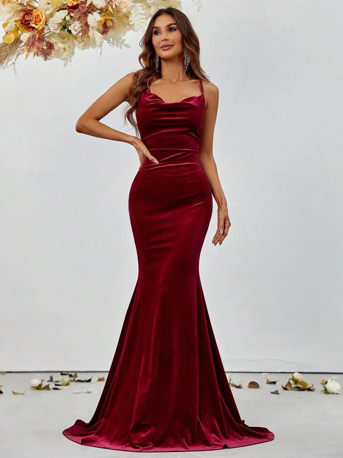 Alternate view of Cami Strap Velvet Backless Mermaid Sleeveless Evening Gown in Burgundy