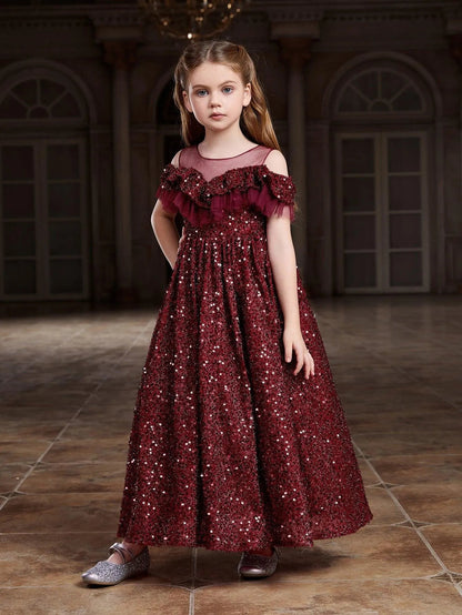 Tween Girls' Round Neck Sequin Tulle Short-Sleeve A-Line Formal Gown — authorized product image 3