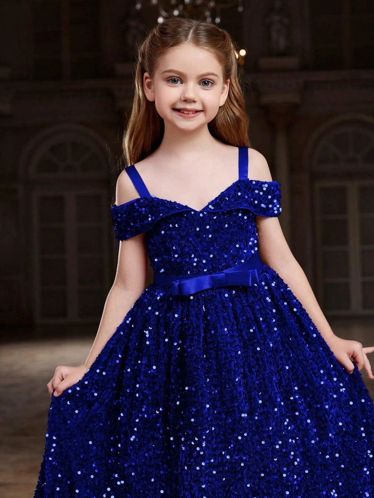 Additional product view of High-Low Hem Off-Shoulder Sequin A-Line Short-Sleeve Tween Girls' Party Dress
