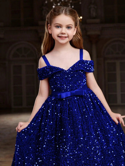 Additional product view of High-Low Hem Off-Shoulder Sequin A-Line Short-Sleeve Tween Girls' Party Dress