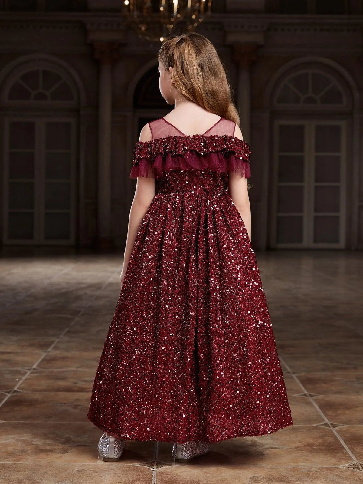 Tween Girls' Round Neck Sequin Tulle Short-Sleeve A-Line Formal Gown — authorized product image 2