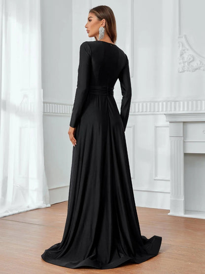 Additional product view of Plunging-Neck V-Neck Knit High-Slit A-Line Evening Gown