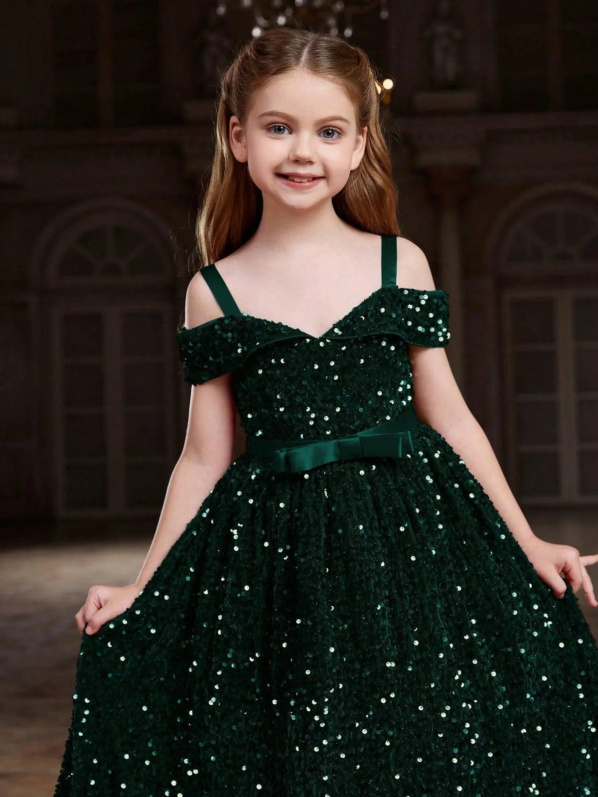 Additional product view of High-Low Hem Off-Shoulder Sequin A-Line Short-Sleeve Tween Girls' Party Dress