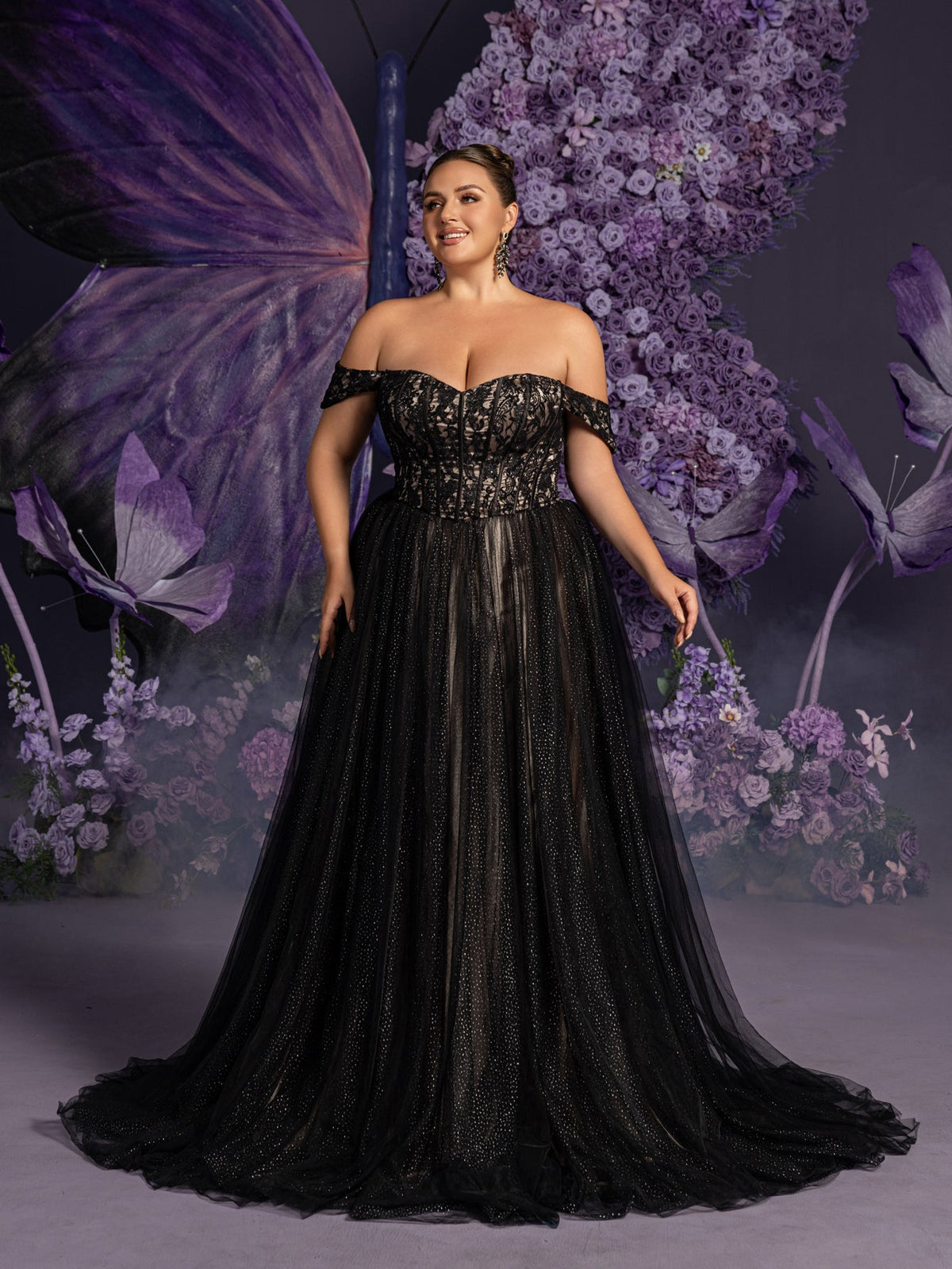 Plus-Size Off-Shoulder Lace Short-Sleeve A-Line Wedding Gown — authorized product image 1