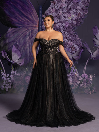 Plus-Size Off-Shoulder Lace Short-Sleeve A-Line Wedding Gown — authorized product image 1