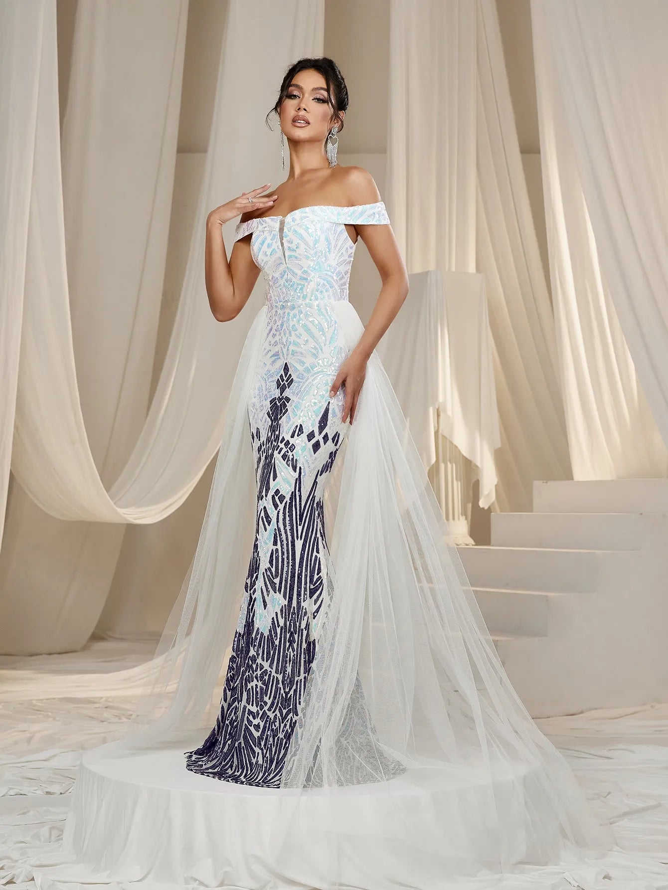 Off-Shoulder Mesh Overlay Mermaid Hem Graphic Sequin Formal Party Dress — authorized product image 4